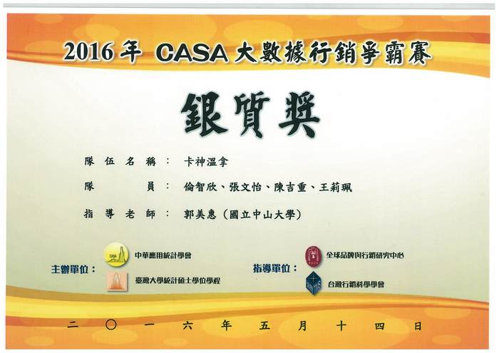 賀倫智欣、張文怡、陳吉重、王莉珮四位同學參加2016 CASA大數據行銷爭霸賽獲銀質獎圖片